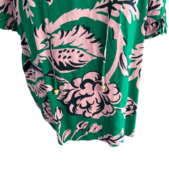 Philosophy Tie Neck Floral Blouse Top Short Ruffle Sleeves Sz Large Green Pink - Picture 7 of 9